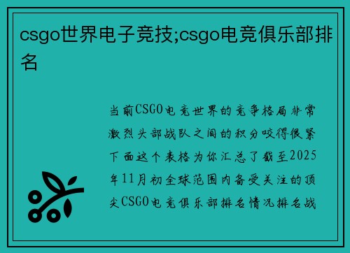 csgo世界电子竞技;csgo电竞俱乐部排名