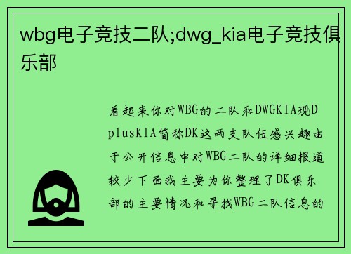 wbg电子竞技二队;dwg_kia电子竞技俱乐部